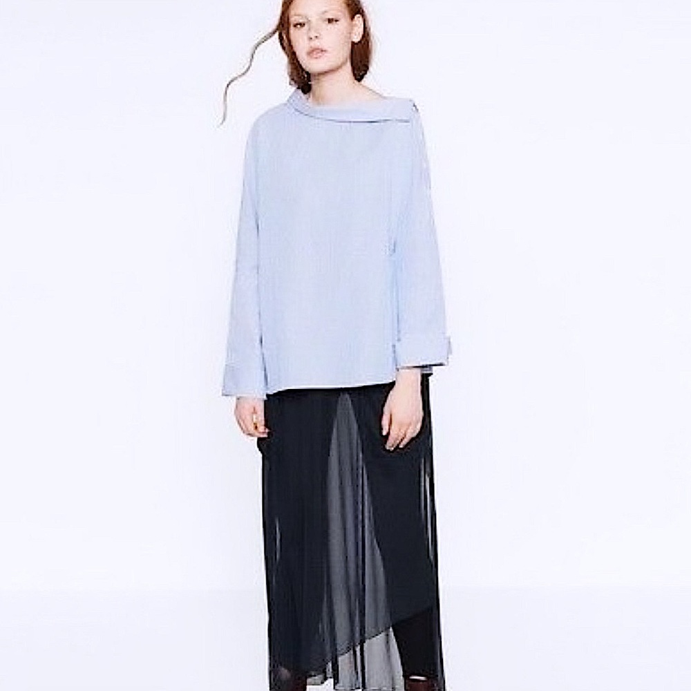 Zara Off Shoulder Button Striped Long Sleeve Top